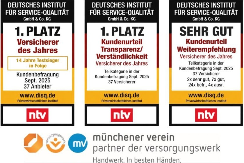 Auszeichnungen des Deutschen Instituts für Service-Qualität: 1. Platz Versicherer des Jahres, 1. Platz Kundenurteil Transparenz, Sehr gut bei Weiterempfehlung – sowie Münchener Verein als Partner der Versorgungswerke