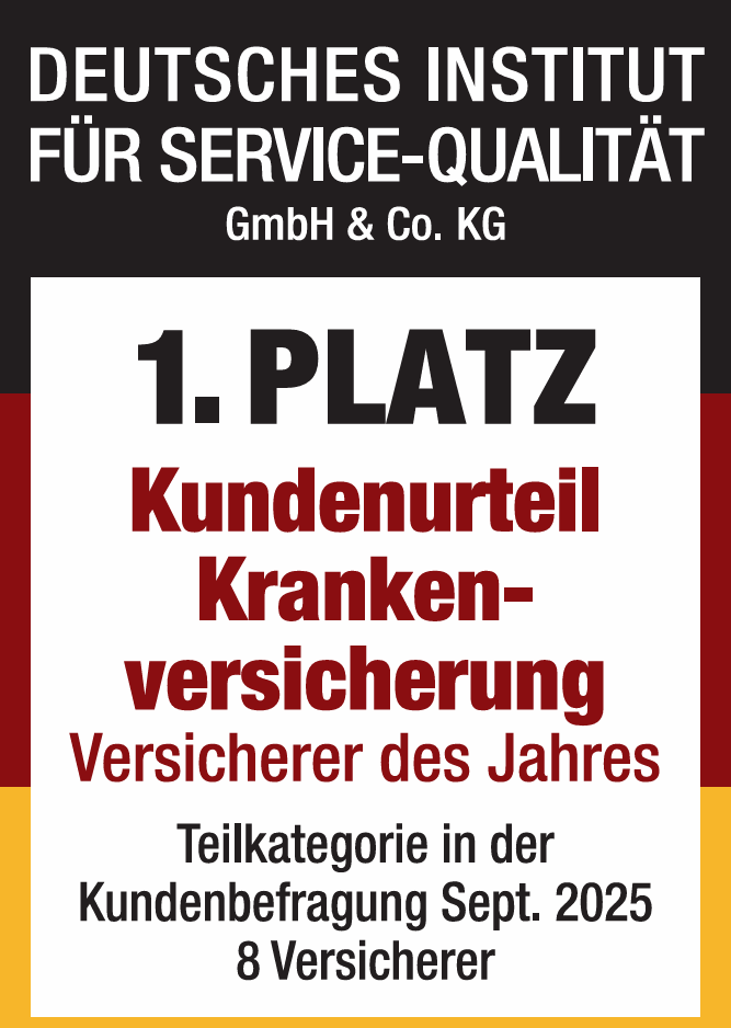 Deutsches Institut für Service-Qualität: 1. Platz Kundenurteil Krankenversicherung, Versicherer des Jahres, Kundenbefragung September 2025