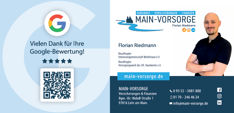 Vielen Dank für Ihre Google-Bewertung: Karte der Main-Vorsorge mit QR-Code, Kontaktdaten und Florian Riedmann