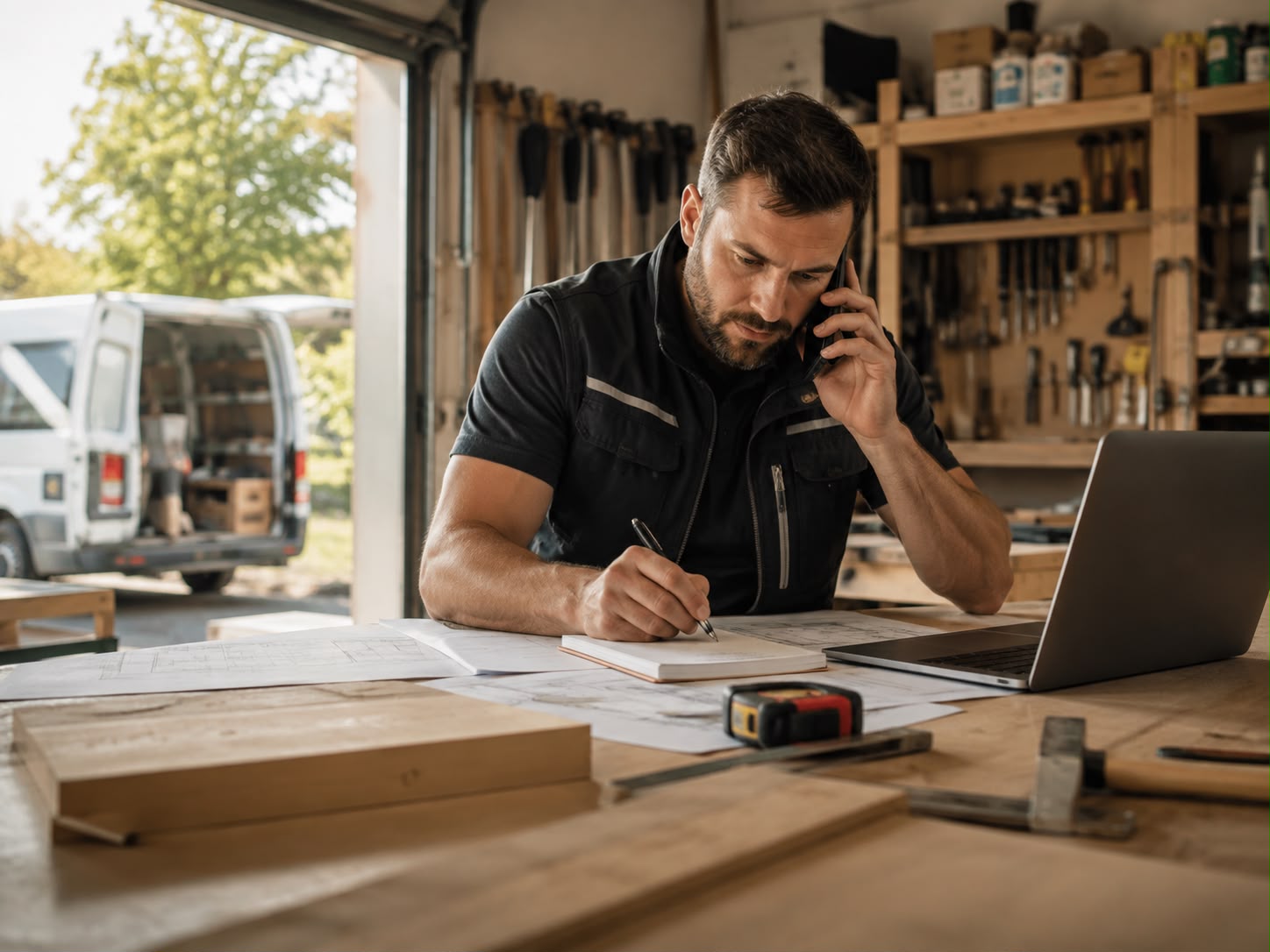 Handwerksmeister organisiert Aufträge in seiner Werkstatt am Telefon